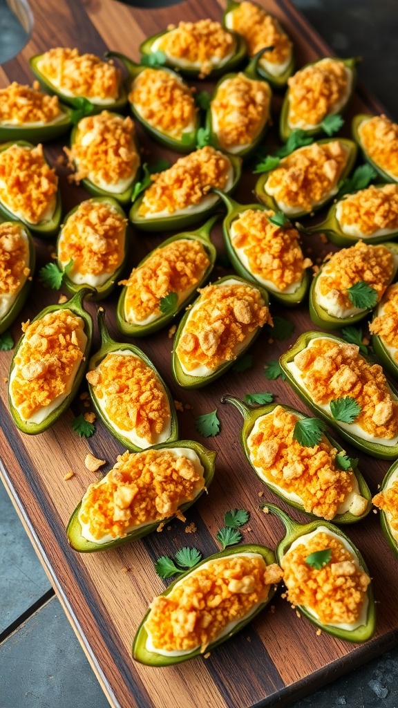 A delicious arrangement of baked jalapeño poppers on a wooden board, showcasing their creamy filling and crunchy topping.